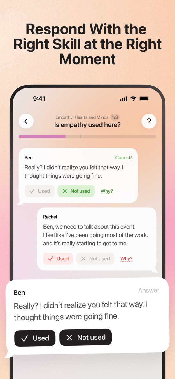 Practice screen with a negotiation dialogue